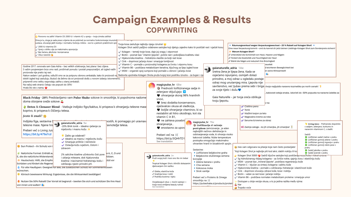 Examples of Croatian marketing copy for social media and product campaigns